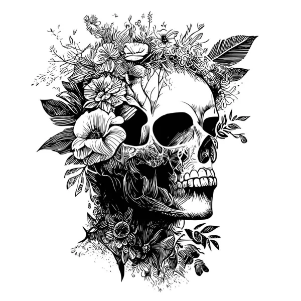 Skull with flowers, with roses. Human skull portrait with flower crown. Vector illustration isolated on white background. Sugar skull floral print for Halloween.