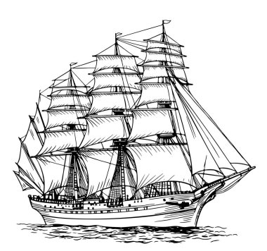 Korsan gemisi yelkenli retro çizim el gravür stili Vektör illüstrasyonu