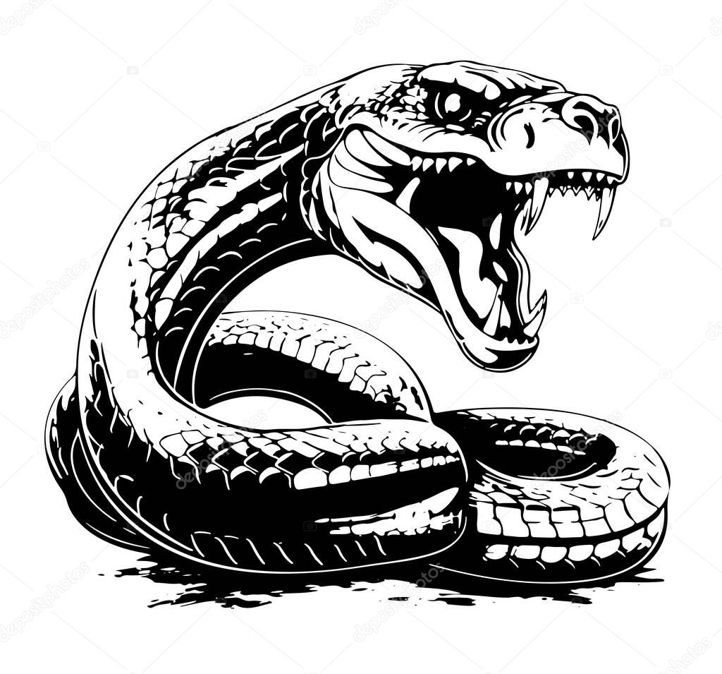Hand drawn vintage snake illustration. Graphic sketch for posters, tattoo, clothes, t-shirt design pins patches, badges, stickers.