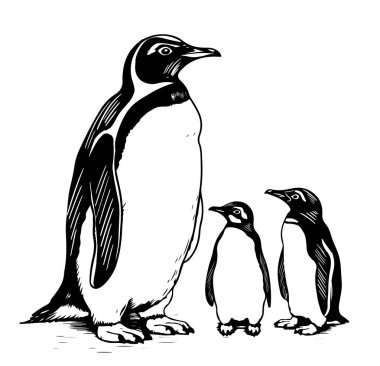 Penguenler aile. Şirin bebek penguen ve izole çizim üst