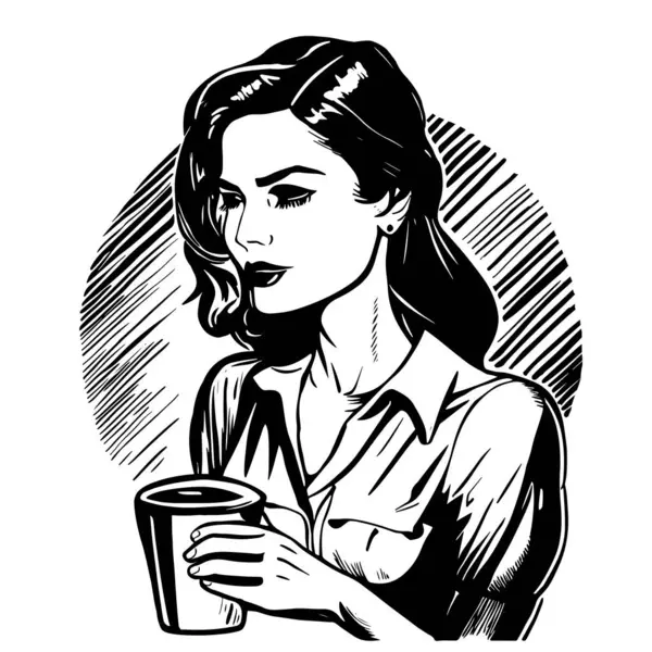 Line Art Color Woman Drinking Cup Hot Drink Vector Illustration Illustrations De Stock Libres De Droits