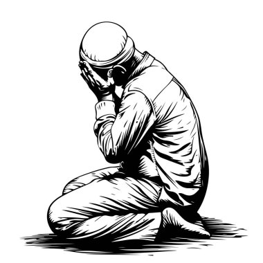 Vektör illüstrasyonunda dua eden Müslüman bir adamın el çizimi..