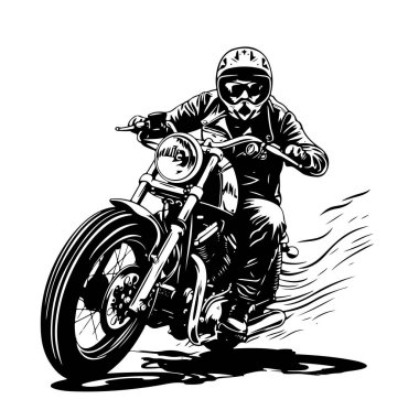 Motosikletli bir motorcu. El çizimi çizimi vektör illüstrasyonu