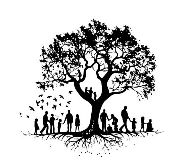 Soy ağacı silueti. Büyük aile ağacı silueti. Siyah aile ağacı beyaz arka planda izole edilmiş. El yapımı tasarım. vektör illüstrasyonu.