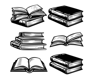 Kitap vektör toplama. Yığın kitap. Elle çizilmiş illüstrasyon kroki tarzı. Kütüphane, Kitaplar Dükkanı