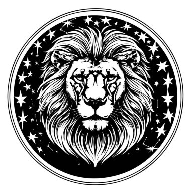 Astroloji Leo burçlu modern büyü kartı. Gerçekçi el aslan başı çiziyor. Zodiac karakteristiği