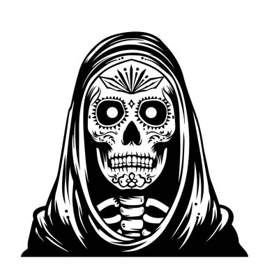 Death.Black and white vintage etched art. Ink drawn ghotic plot of dethly hallows, halloween, nightmare or hell. Clipart for sticker, tattoo, print. Spooky ghost in mantle with hood holds skull on plate. clipart