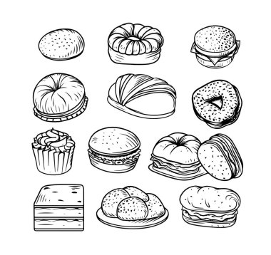 Bakery products set. Sketch with bread and bun, flour and wheat, loaf and bagel in hand drawn style. Farm, agriculture and cereals concept. Linear flat vector collection isolated on white background clipart