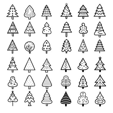 Set of trees linear vector icon. Geometric tree shape, plants, pine, nature and ecology related vector symbol hand drawn contour collection. Line art illustration design for logo, sticker, christmas. clipart