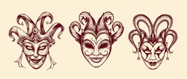 El çizimi yüz maskeleri. Festival Mardi Gras, maskeli balo.
