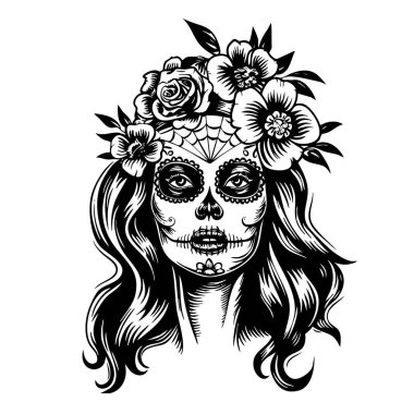 İskeleti olan kız el yapımı vektör çizimi. Santa Muerte kadın cadı portresi. Gül çelenkli ölü yüz sanatı günü