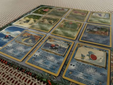 Prague, Czech Republic - March 16 2022: Nine cards from the special limited collectible set Southern Islands of Pokemon Trading Card Game. High quality photo clipart