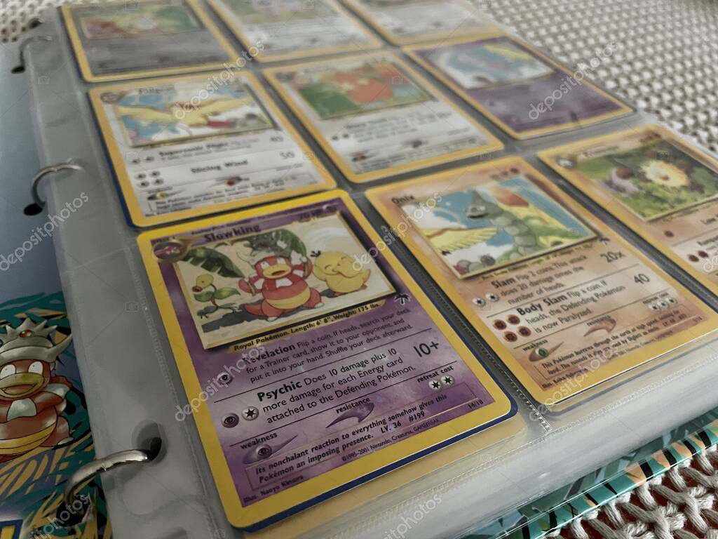 Prague, Czech Republic - March 16 2022: Nine cards from the special limited collectible set Southern Islands of Pokemon Trading Card Game. High quality photo