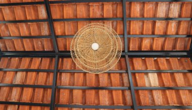 Döşeme çatılı bir evin tavanında asılı duran hasır lamba.