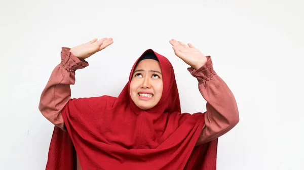 Padej Hlavu Šokovaná Hidžábská Žena Vzhlíží Křičí Studiový Záběr Uvnitř — Stock fotografie