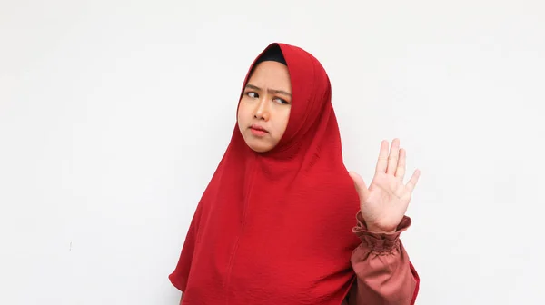 Beautiful Serious Asian Woman Red Hijab Standing Outstretched Hand Showing — Stock Photo, Image