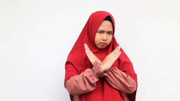 Beautiful Serious Asian Woman Red Hijab Standing Outstretched Hand Showing — Stock Photo, Image