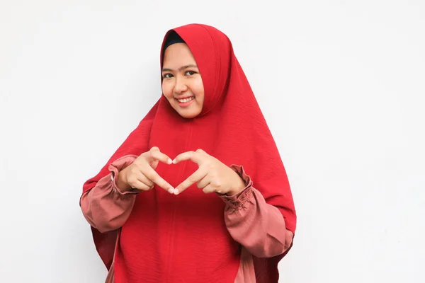 Young Beautiful Woman Hijab Saranghae Heart Korean Hand Love Gesture — Stock Photo, Image