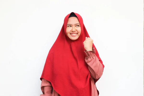 Asian Woman Hijab Clenching Hands While Celebrating Success Isolated White — Stock Photo, Image