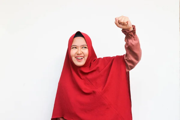 Excited Asian Woman Hijab Clenching Hands While Celebrating Success Isolated — Stock Photo, Image