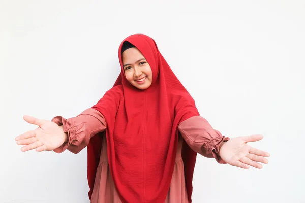 Offering Hug Beautiful Asian Woman Wearing Hijab Isolated White Background — Stok Foto