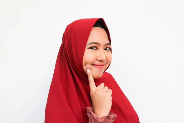 Portrait Islamic Woman Smiling Take Selfie Photo Pointing Dimple Pretty — Stock Photo, Image