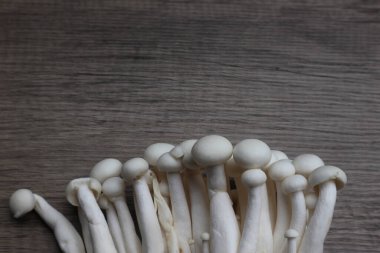 Beyaz kayın mantarı, Shimeji mantarı, ahşap masada yenilebilir mantar.