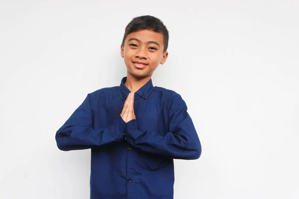 Smiling Trust Boy Looking Camera Greeting Hand Isolated White Background — Stok Foto
