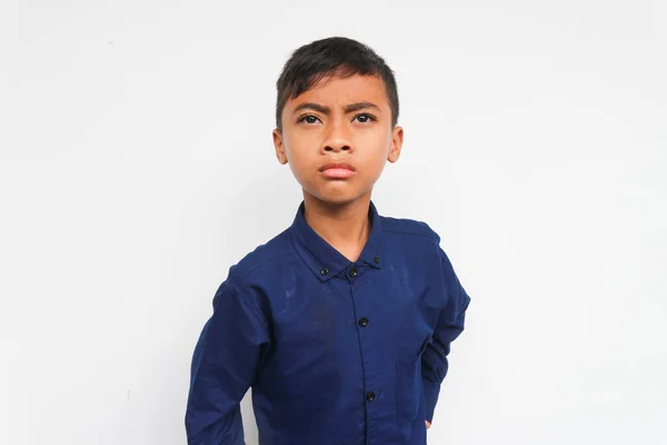 Angry Boy Wearing Blue Shirt Looking Camera Serious Face Isolated — Stock Photo, Image