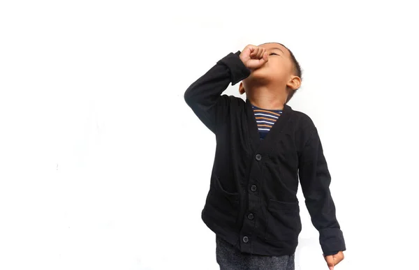 Ein Glücklicher Kleinkind Junge Blickt Mit Trinkender Geste Auf Isoliert — Stockfoto