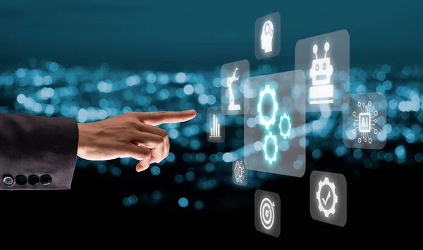 Automatisering Business Technology Concept Persoon Hand Gericht Vistuig Met Automatiseringstechnologie — Stockfoto