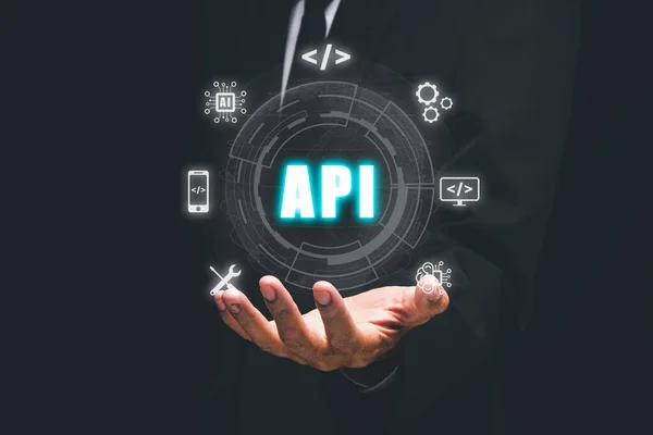 Api Interfejs Programowania Aplikacji Ikona Api Ekranu Man Hand Holding — Zdjęcie stockowe