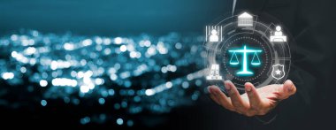 Adalet ve hukuk konsepti, VR ekran hukuku ikonu mavi bokeh.