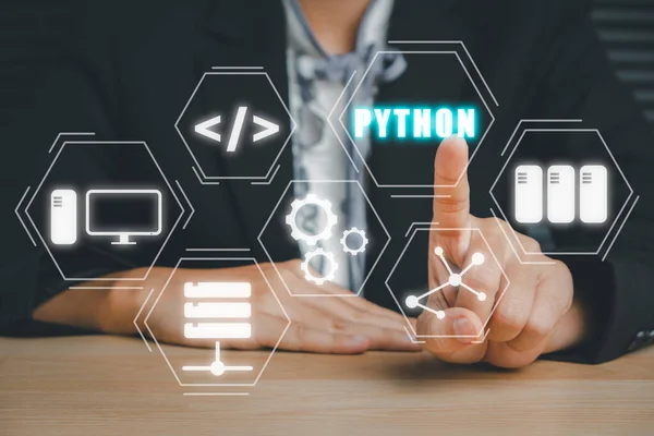 Python Programming Language, Woman hand touching python programming icon on virtual screen, Application and web development concept.