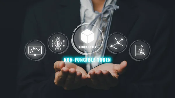 Nft Token Digital Crypto Art Blockchain Technology Concept Person Hand — Stock Photo, Image