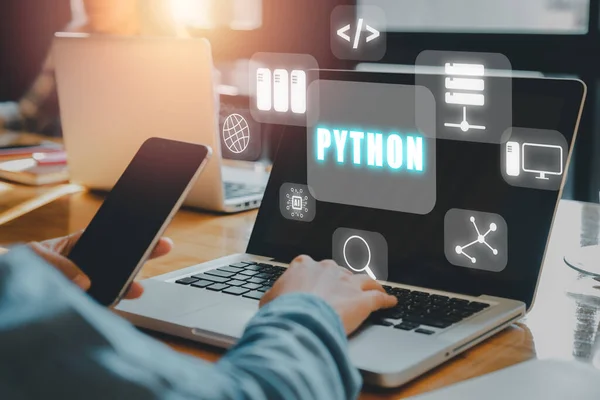 Python Programming Language, Woman hand typing keyboard with python programming icon on virtual screen, Application and web development concept.