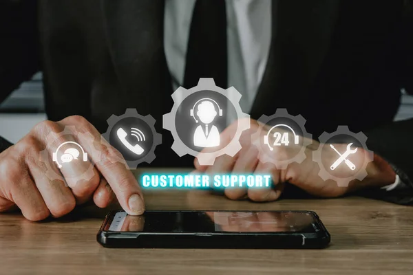 Technical support customer service concept, Person hand using smart phone with VR screen support customer icon, Technology internet concept, it support, call center and customer service help.