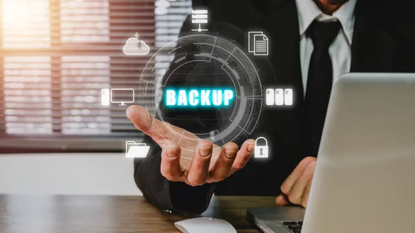 Backup Storage Data Internet Technology Business Concept Businessman Using Computer — Stock Photo, Image