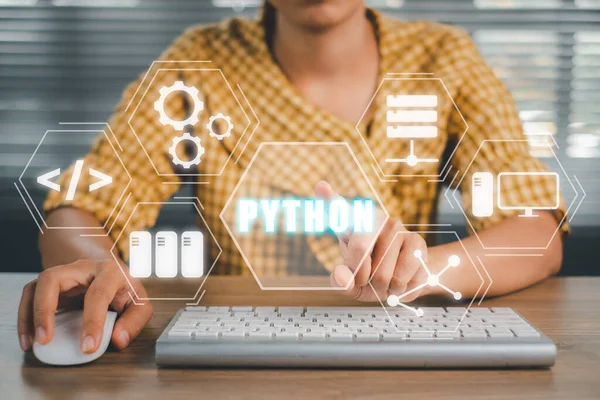 Python Programming Language, Woman using computer with python programming icon on virtual screen, Application and web development concept.