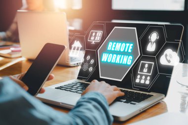 Remote working and work from anywhere concept, Business woman working on laptop computer with remote working icon on virtual screen.