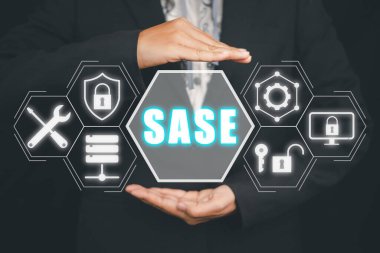 SASE, Secure Access Service Edge concept, Person hand holding Secure Access Service Edge icon on virtual screen background, password, network, framework and support.