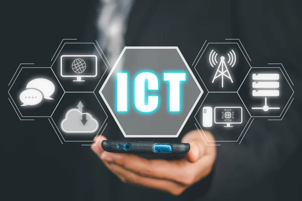 Information and Communications Technology (ICT) concept, Person using smart phone with ICT icon on virtual screen, Global technology, internet, wifi.