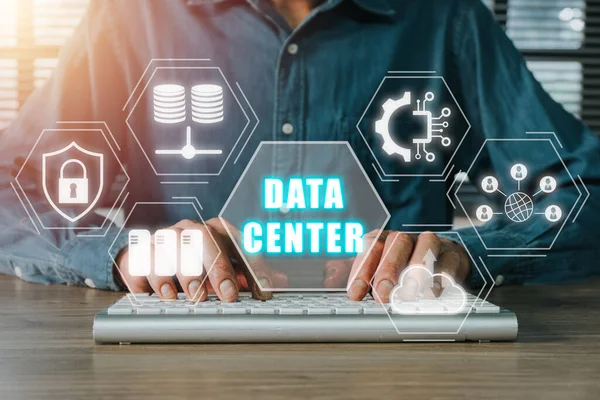 Data Center Concept Person Hand Typing Keyboard Computer Data Center — Stockfoto