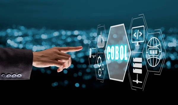 Cobol, Common Business Oriented Language, Person hand touching cobol icon on virtual screen with blue bokeh background.