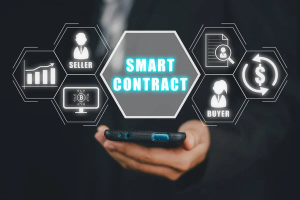 Smart Contract concept, Businees person using smart phone with smart contract icon on virtual screen, Business Information Technology, Digital Agreement.