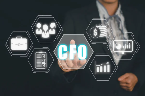 CFO , Chief Financial Officer business concept, Business woman hand touching cfo icon on virtual screen, Leadership,  finance, strategy office work.