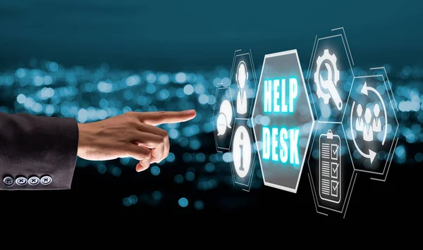 Communication Service Help Desk Concept, Person hand touching Help desk icon on virtual screen.