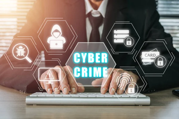 Cybercrime Konzept Person Tippt Tastatur Computer Mit Cyber Kriminalität Symbol — Stockfoto