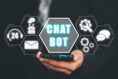 Chatbot assistant conversation, Woman hand using smart phone with chatbot icon on virtual screen, robot application and global connection, AI, Artificial intelligence, innovation and technology.