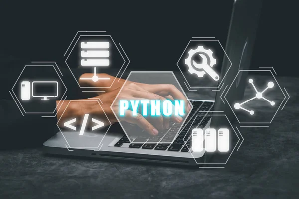 Python Programming Language,Man using laptop computer with python programming icon on virtual screen, Application and web development concept.